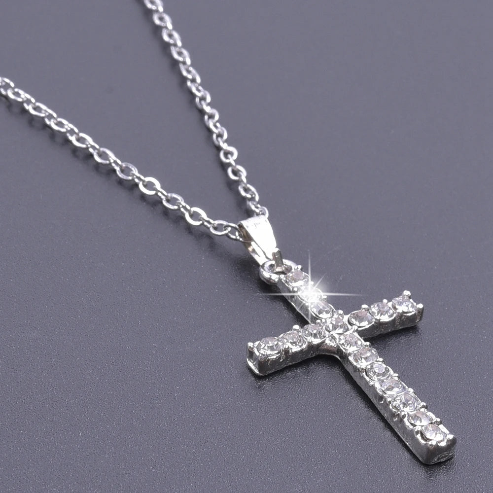 Women's Rhinestone Cross Charm Necklace